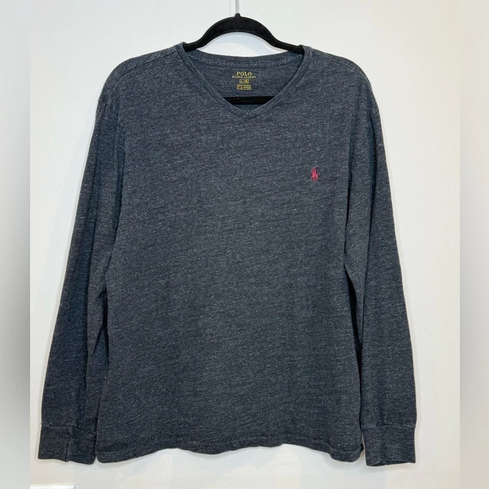 🔥Polo by Ralph Lauren Men's Gray Long Sleeve Shirt V neck Sz L EUC